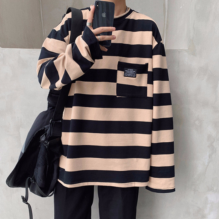 Cross-border striped T-shirt for women 21 New striped long-sleeved T-shirt for women on Instagram Harajuku loose Korean-style top in stock Item Picture
