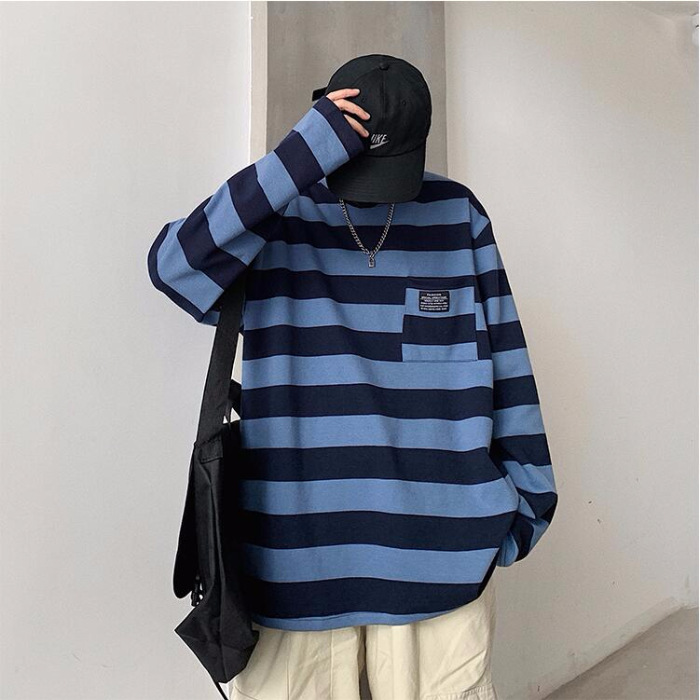 Cross-border striped T-shirt for women 21 New striped long-sleeved T-shirt for women on Instagram Harajuku loose Korean-style top in stock details Picture