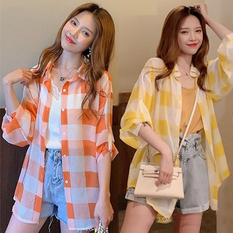 Chiffon checkered shirt for women, mid-length summer sun-protective clothing, 2020 new Korean style, loose and very ethereal, thin style