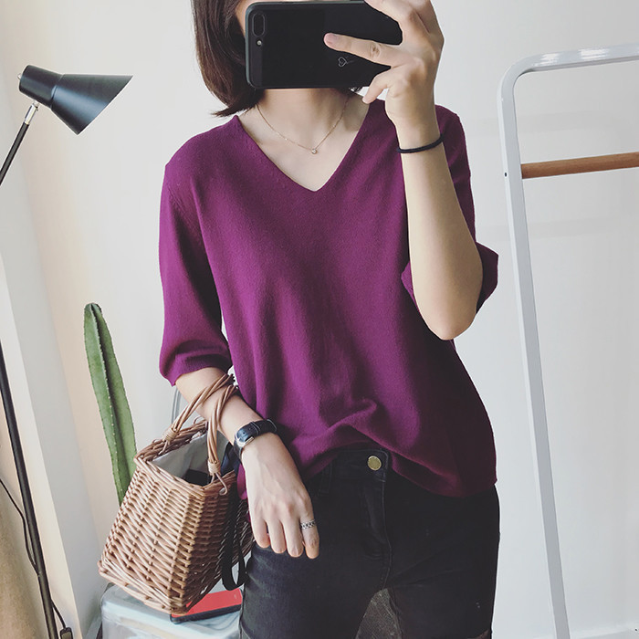 New summer women's wear Korean-style simple V-neck versatile loose pullover T-shirt, solid color mid-sleeved casual top base layer