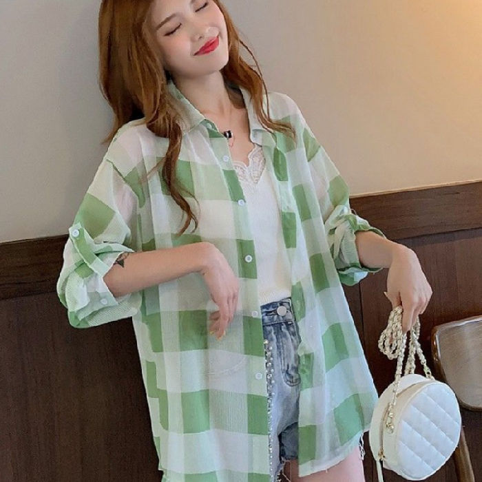 Chiffon checkered shirt for women, mid-length summer sun-protective clothing, 2020 new Korean style, loose and very ethereal, thin style Item Picture