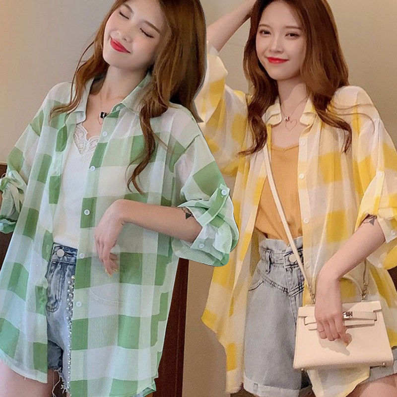 Chiffon checkered shirt for women, mid-length summer sun-protective clothing, 2020 new Korean style, loose and very ethereal, thin style details Picture