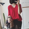 New summer women's wear Korean-style simple V-neck versatile loose pullover T-shirt, solid color mid-sleeved casual top base layer Application Scenario