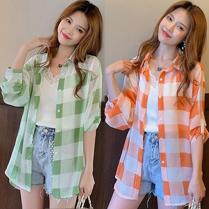 Chiffon checkered shirt for women, mid-length summer sun-protective clothing, 2020 new Korean style, loose and very ethereal, thin style Specification image