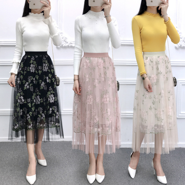Lace chiffon skirt mid-length flower embroidery 2019 Spring and Autumn new Korean-style pleated mesh fairy long dress