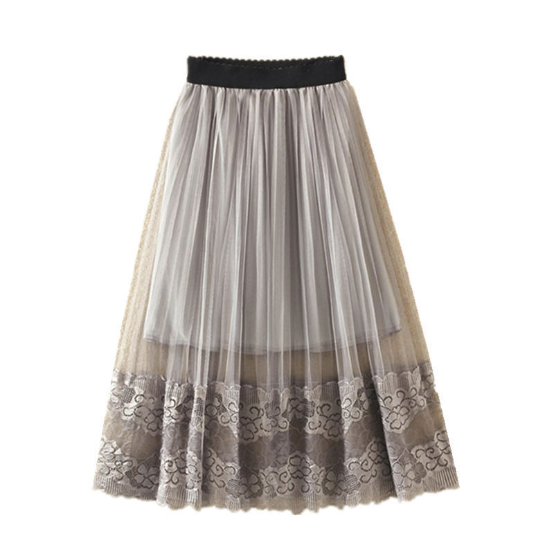 Spring new lace and tulle skirt for women, mid-length, high-waisted, slimming tulle skirt, A-line long skirt, puffy pleated skirt Item Picture