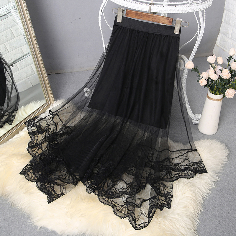 This is a new summer dress for women, featuring an irregular A-line mid-length black chiffon skirt with a super fairy mesh