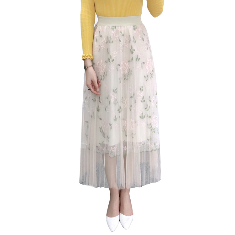 Lace chiffon skirt mid-length flower embroidery 2019 Spring and Autumn new Korean-style pleated mesh fairy long dress Item Picture
