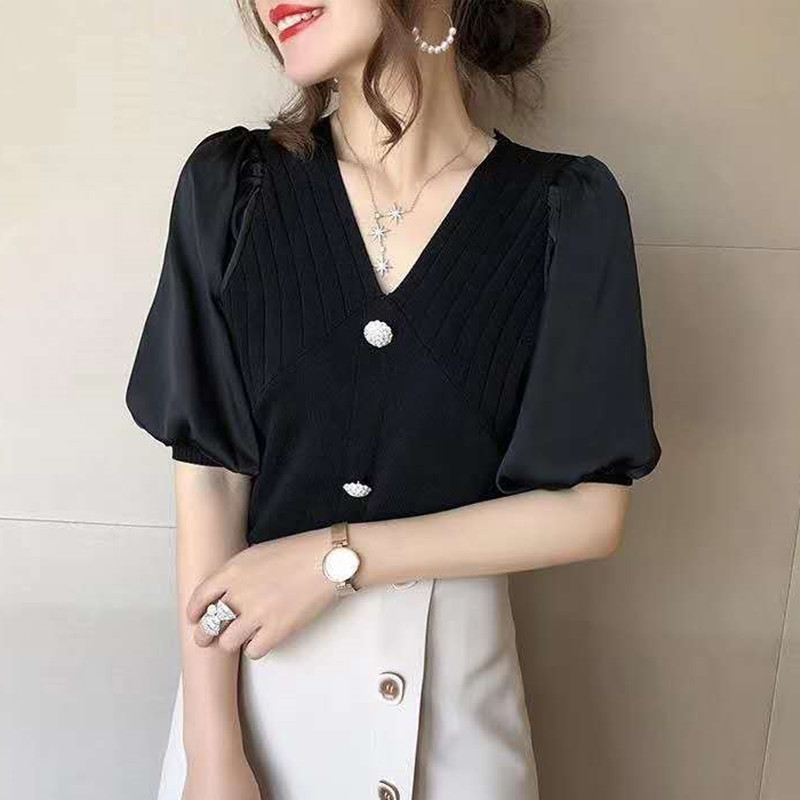 Ice silk knitted top Women's thin 2021 Summer new style elegant short-sleeved V-neck chiffon patchwork knitted sweater details Picture