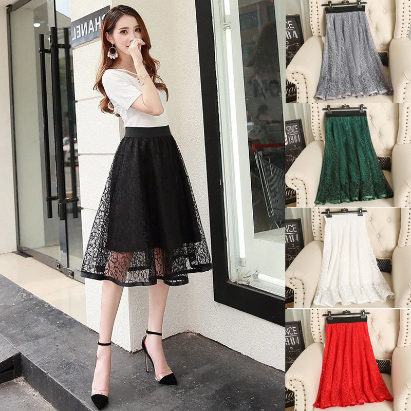 Spring and summer new high-waisted tulle puffy skirt, lace skirt with cutouts, slimming A-line skirt for women, mid-length large swing skirt