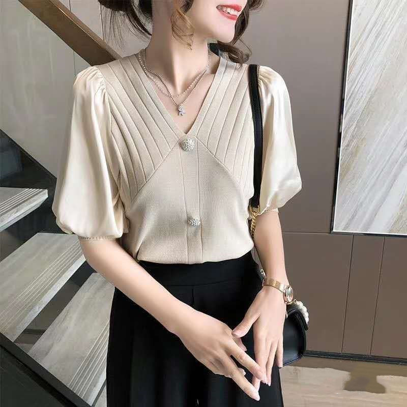 Ice silk knitted top Women's thin 2021 Summer new style elegant short-sleeved V-neck chiffon patchwork knitted sweater Specification image