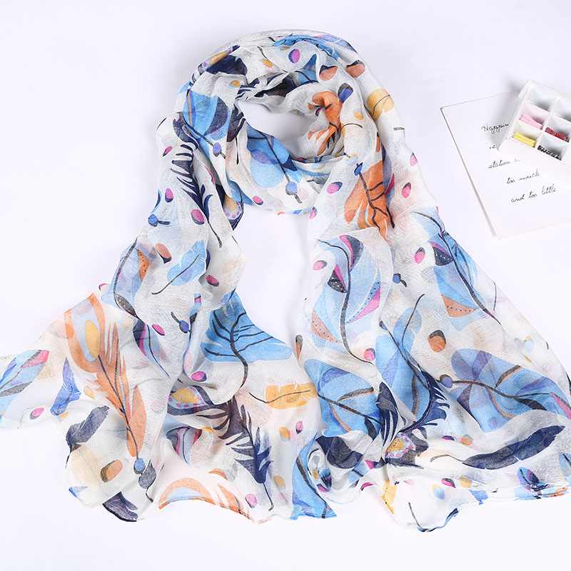 2021 new Balinese yarn feather print spring and summer leisure ladies scarf shawl scarf manufacturers direct spot Specification drawing