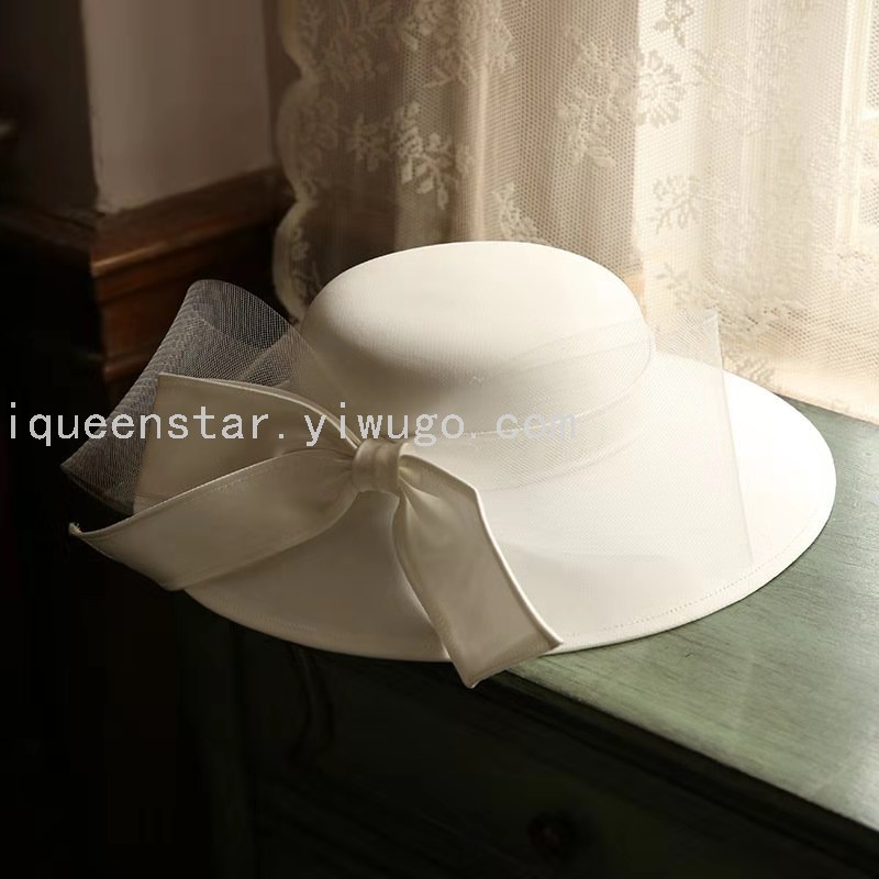 Senior white top hat bow mesh flat top flat eave retro cosplay bride hat new style