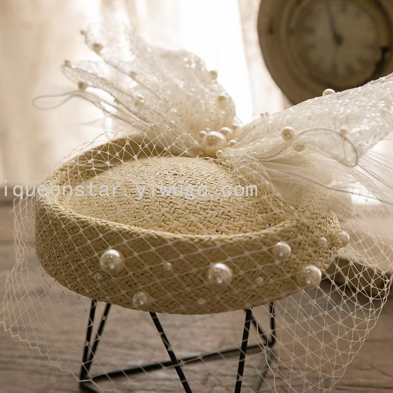 Pearl retro mesh top hat, summer women's fashion versatile hat, bow veil hat, cosplay
