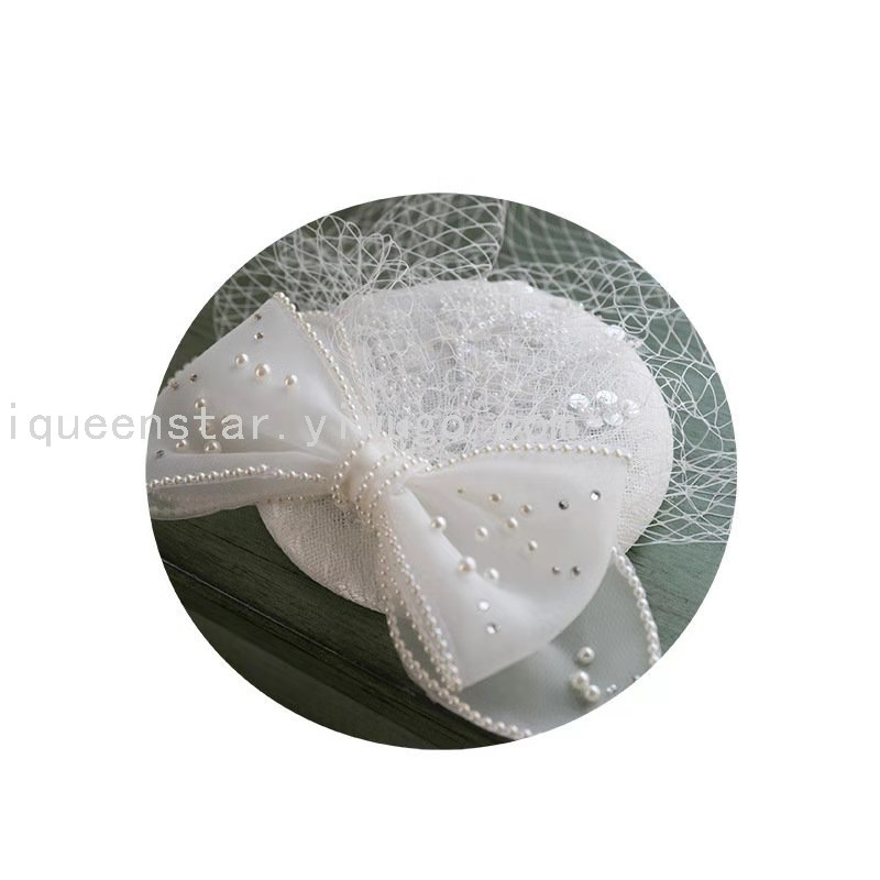 White bow pearl dome top hat, gauze face cover, retro hat, cosplay decorative dressing hat details Picture