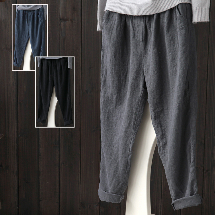 Summer comfortable breathable women's pants 202 cotton and linen large size loose casual slim Harlan pants elastic waist nine-minute pants