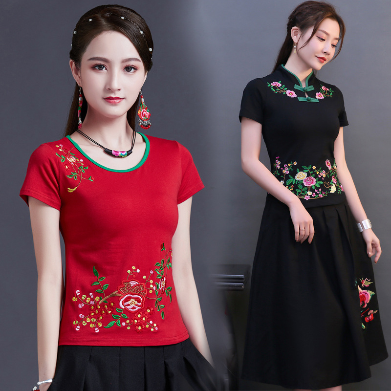 [Original factory] Ethnic style women's short sleeve T-shirt women's summer new Chinese style embroidered cotton T-shirt jacket