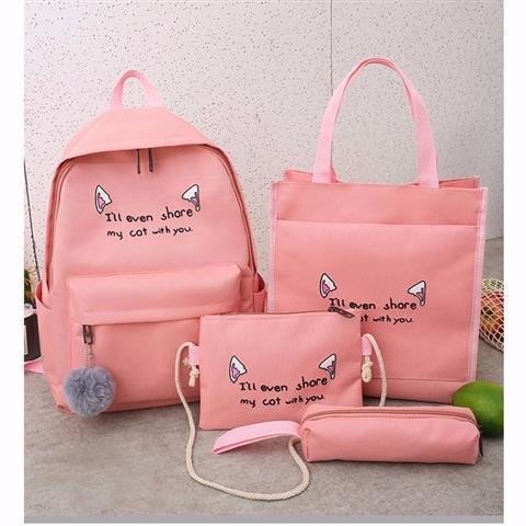 2021 Autumn New Style backpack, fashionable and trendy four-piece set, canvas cat ear backpack, student bag, one dai Specification image
