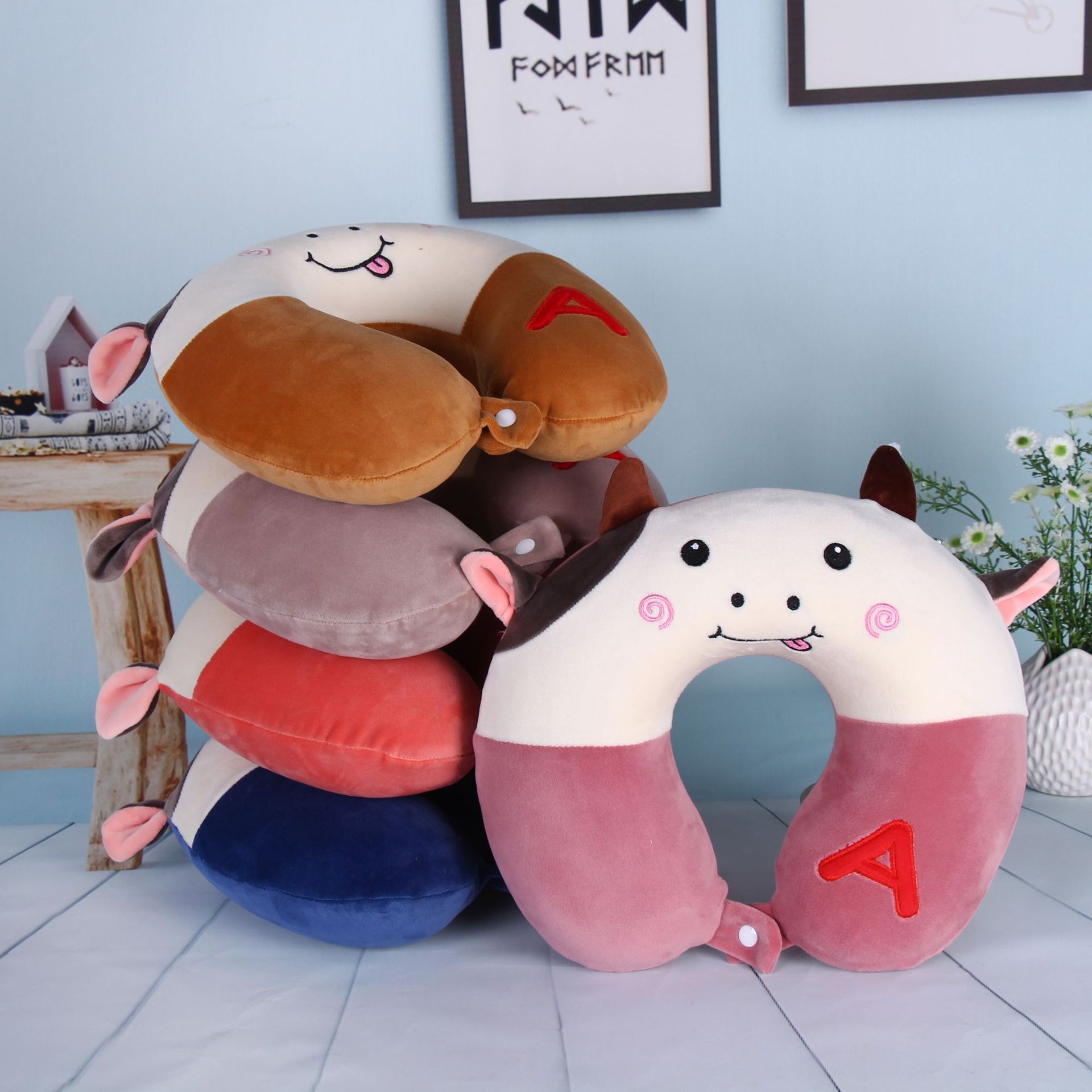 Customized logo memory foam core U-shaped neck pillow, cartoon cute little calf pillow, plush toy details Picture