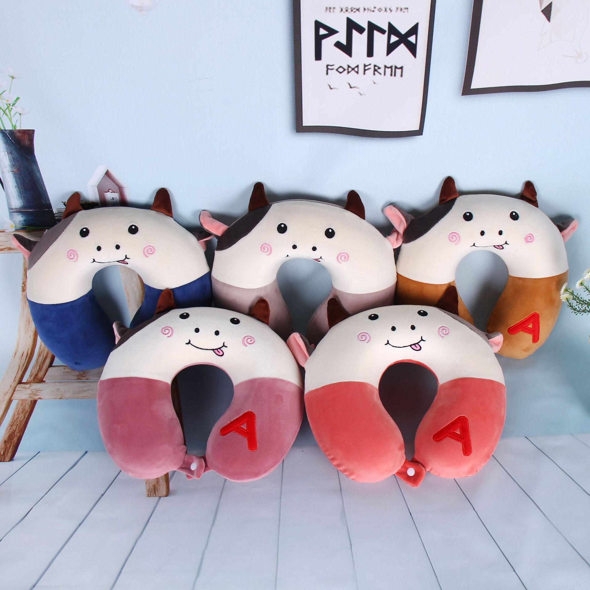 Customized logo memory foam core U-shaped neck pillow, cartoon cute little calf pillow, plush toy