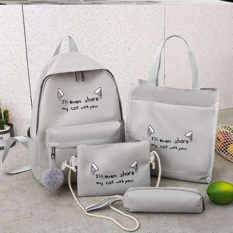 2021 Autumn New Style backpack, fashionable and trendy four-piece set, canvas cat ear backpack, student bag, one dai Item Picture