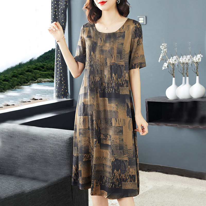 Ice Silk retro dress for women 2021 Summer New Style Fashionable printed plus-size mom dress