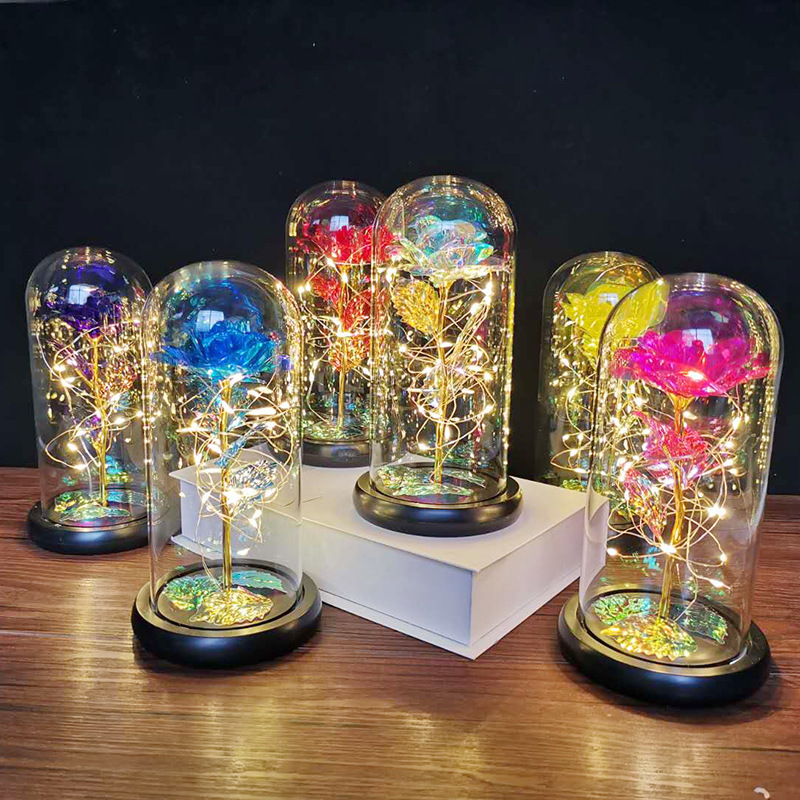 Gold foil rose, glass cover with led light, simulated eternal flower, Christmas and Valentine's Day handicraft and display piece full figure