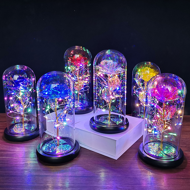 Gold foil rose, glass cover with led light, simulated eternal flower, Christmas and Valentine's Day handicraft and display piece details Picture