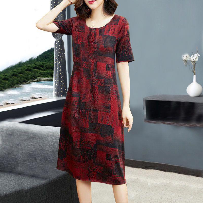 Ice Silk retro dress for women 2021 Summer New Style Fashionable printed plus-size mom dress details Picture