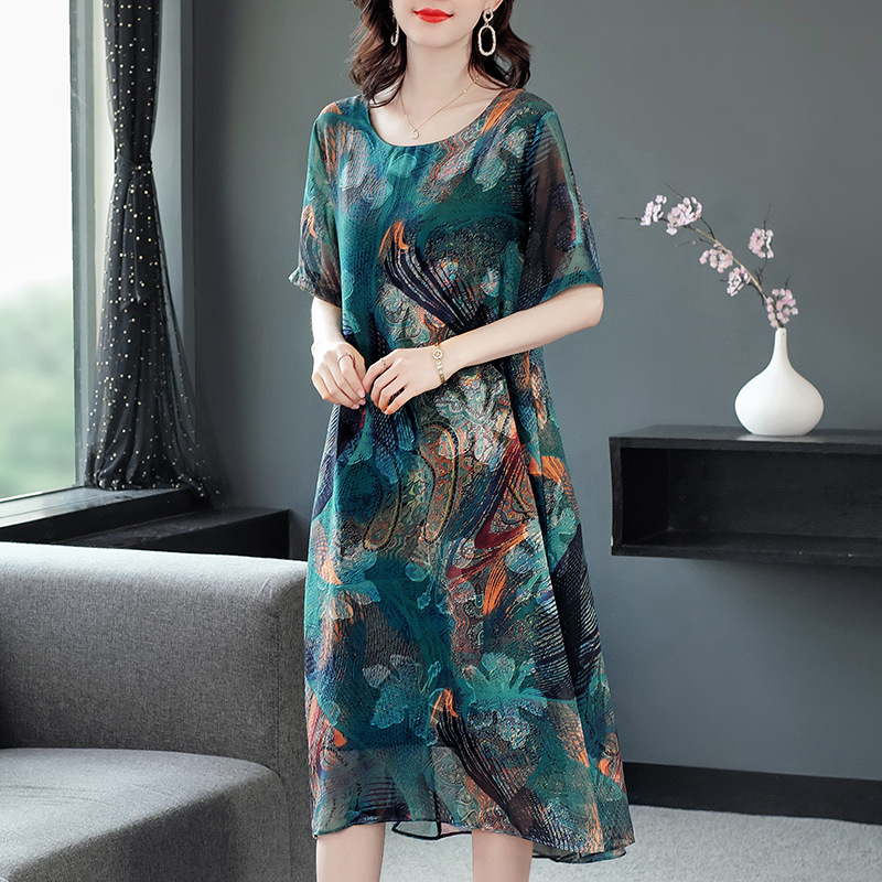 "Rich Lady Ice Silk Dress Series 2021 Summer New plus-size mom dress that covers the waist and waist for middle-aged and elderly people. Specification image