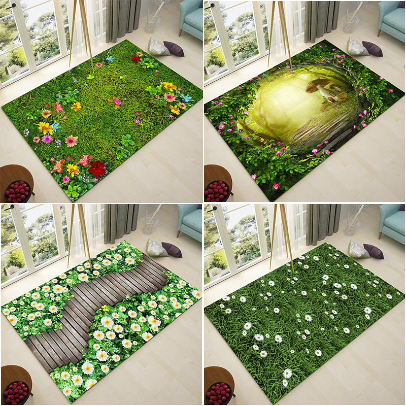田园家用地毯客厅沙发茶几阳台地垫绿色夏天地毯卧室满铺长方形