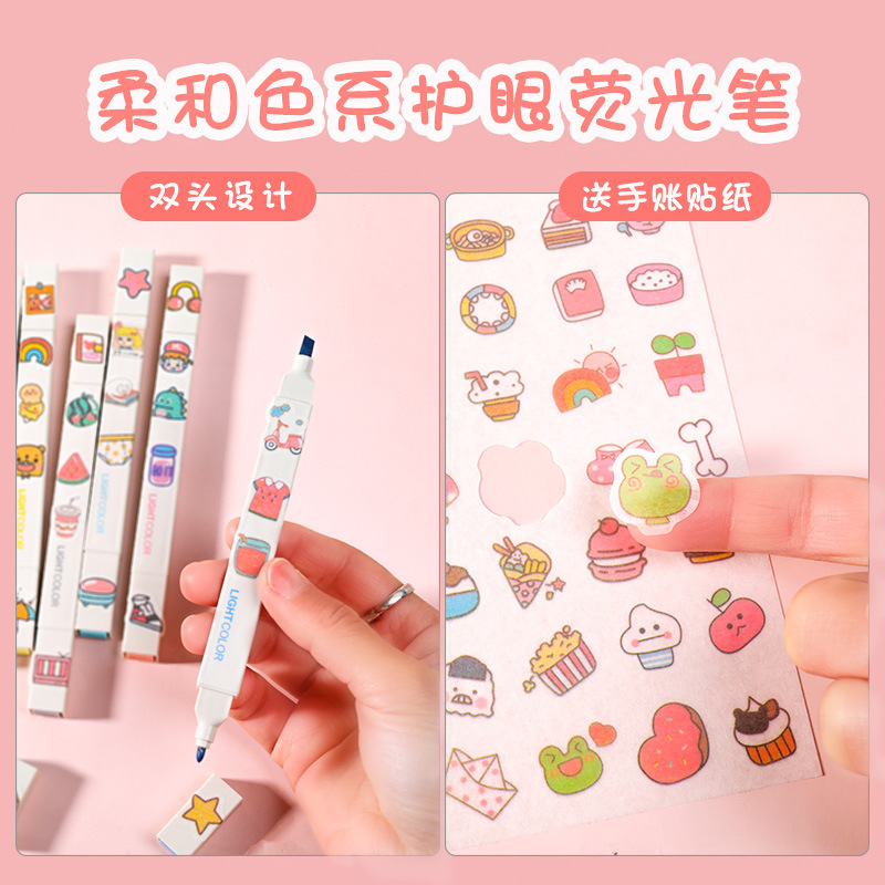 Morandi colored highlighters for students, roughening key point marker pens, box-packed stationery, double-headed highlighters details Picture