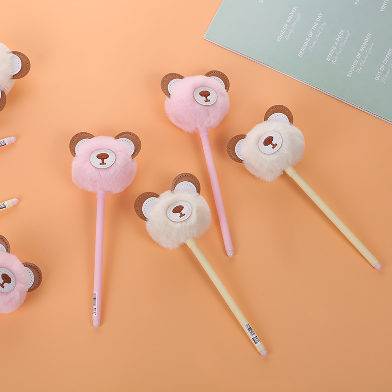 Wholesale of creative cartoon bear pom-ball pens, fluffy and cute ballpoint pens, and student gel pens from South Korea Specification drawing