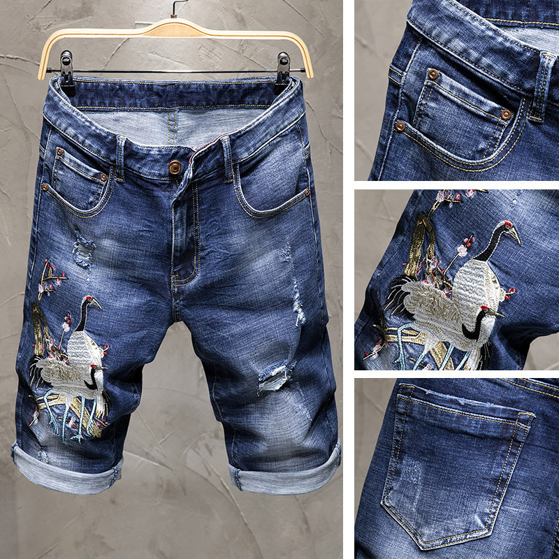 Men's embroidered printed ripped denim shorts, men's trendy brand loose five-inch mid-length pants, horse pants, casual summer thin style