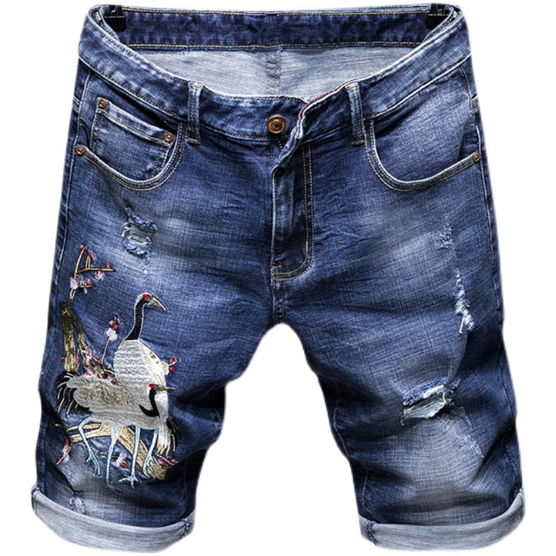 Men's embroidered printed ripped denim shorts, men's trendy brand loose five-inch mid-length pants, horse pants, casual summer thin style Item Picture