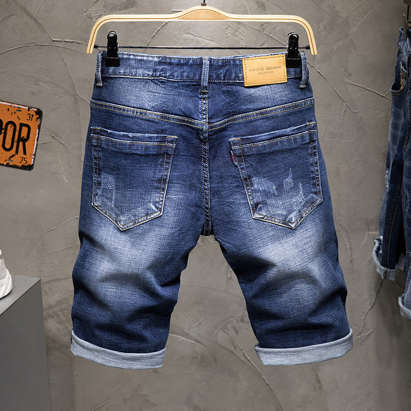 Men's embroidered printed ripped denim shorts, men's trendy brand loose five-inch mid-length pants, horse pants, casual summer thin style Specification image
