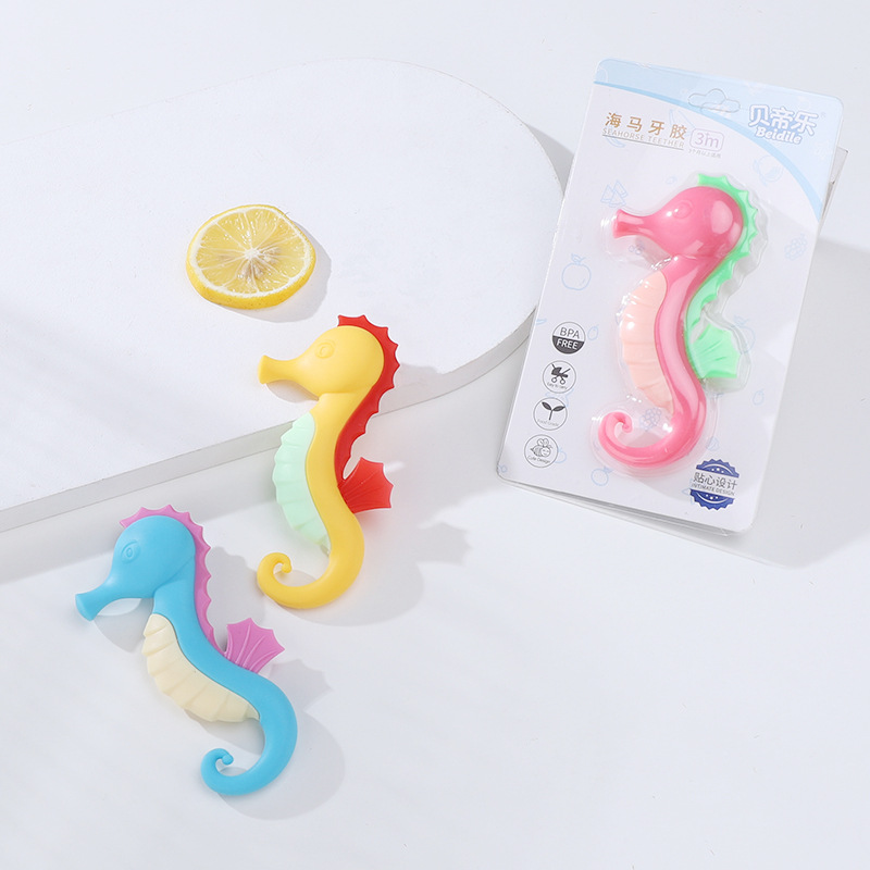 Cartoon seahorse-shaped baby teething wheel, children's silicone teething ring, colorful and beautiful silicone teething ring Application Scenario