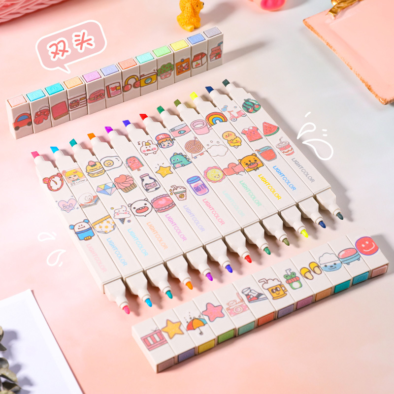 Morandi colored highlighters for students, roughening key point marker pens, box-packed stationery, double-headed highlighters Specification drawing