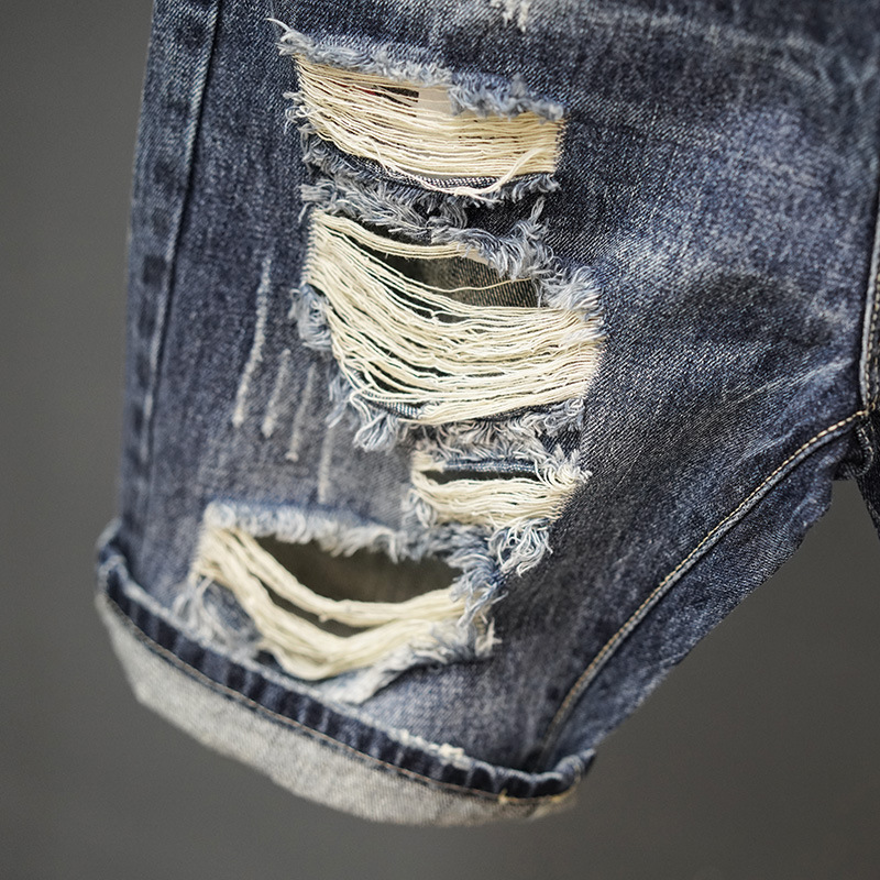 Chen Bangjia's summer retro washed and ripped small straight denim shorts for men, a slim-fit youth capri pants trend Specification image