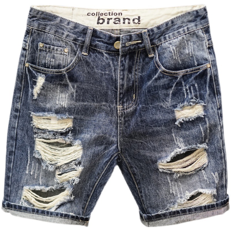 Chen Bangjia's summer retro washed and ripped small straight denim shorts for men, a slim-fit youth capri pants trend Item Picture