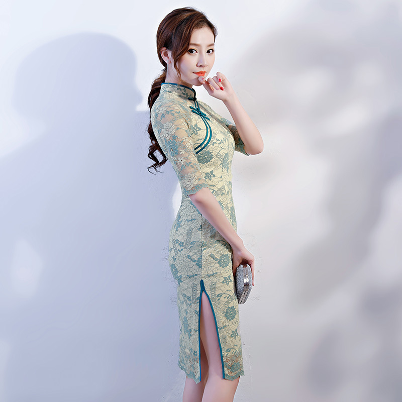 改良版旗袍连衣裙202新款春夏季蕾丝中长款风少女中袖端庄!!!