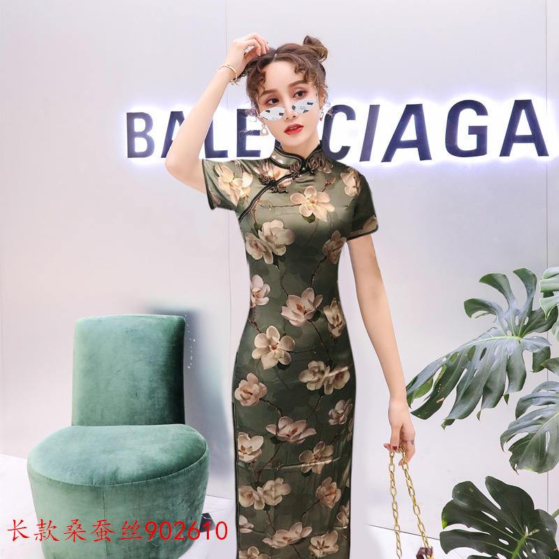 Suzhou silkworm silk long cheongsam wholesale Ai Flag embroidery retro improved cheongsam skirt 2020 spring silk cheongsam