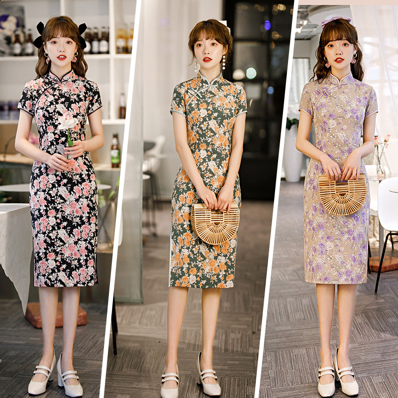 Bayz charm 202 spring and summer new standing collar cheongsam young pure and fresh artistic girl floral cheongsam dress