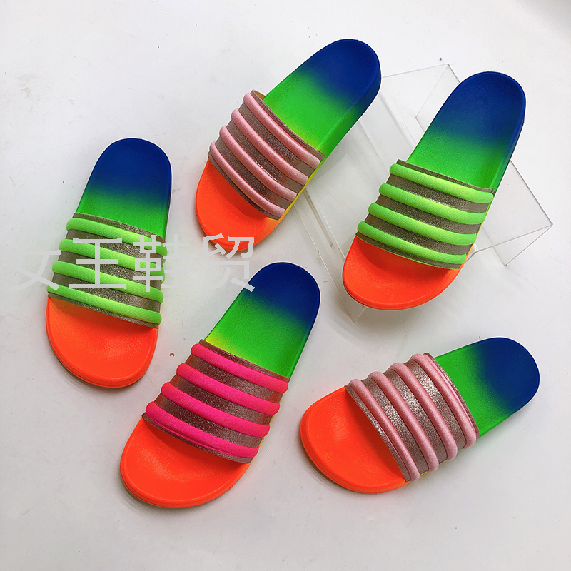 2021欧美跨境彩虹拖鞋厚底外穿女凉拖大码水钻一字带拖鞋shoes