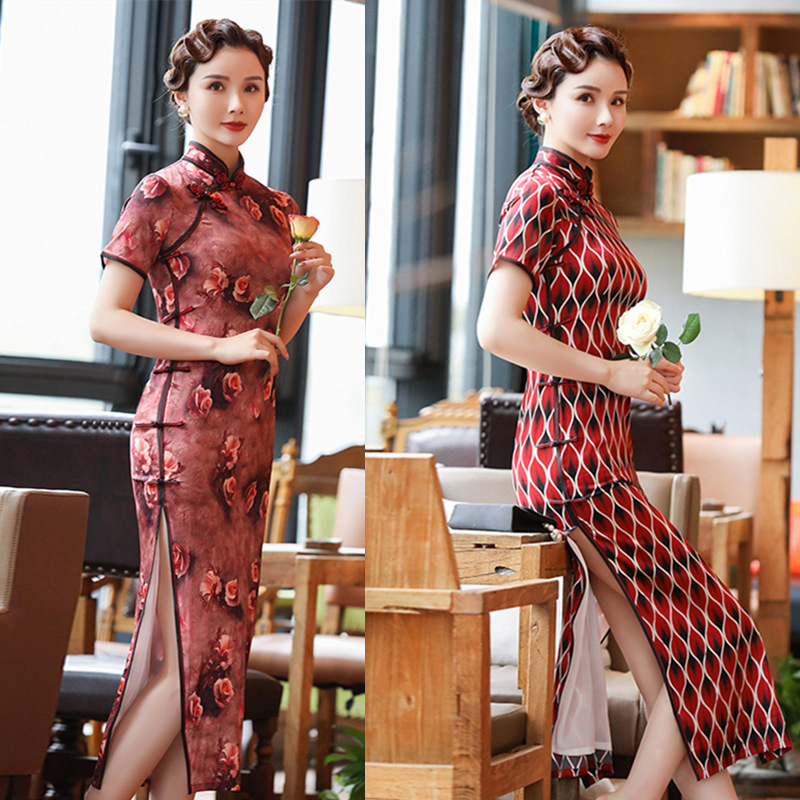 Ai Q 'Q embroidery long mulberry silk Cheongsam 202 Spring and summer new fashion improved traditional middle-aged and elderly silk Cheongsam dress