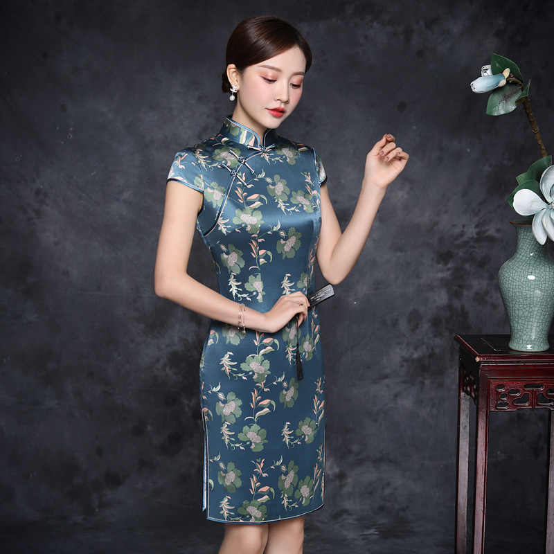Summer 202 mid-style silk cheongsam printed mulberry silk classical Cheongsam dress summer 202 new female
