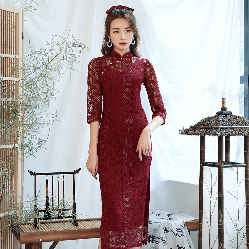 Cheongsam women new lace slimming improved cheongsam daily young lace banquet dress long cheongsam autumn and winter
