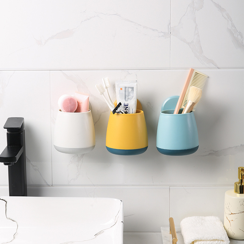Circular toothbrush storage cylinder, no need for drilling, bathroom storage cylinder, plastic wall-mounted storage rack for bathroom washing