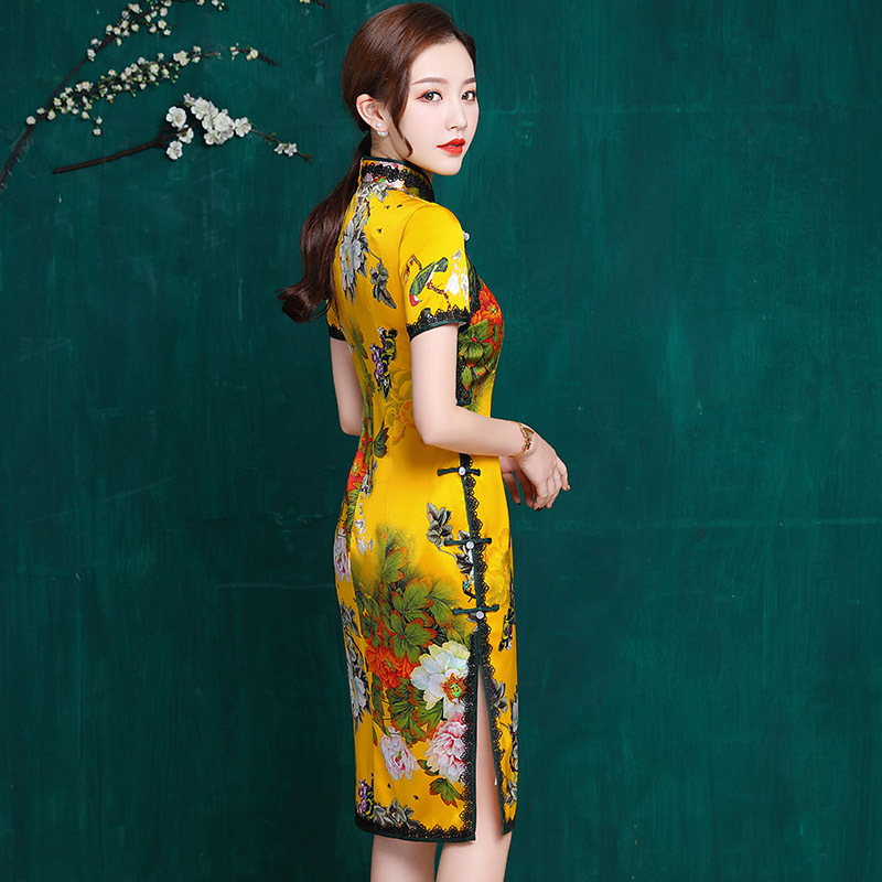 Silk cheongsam spring and summer clothing new retro improved fashion cheongsam skirt short slim elegant cheongsam dress