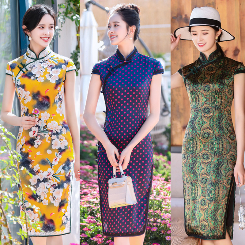 Ai Q 'Q Embroidery fashion improvement young girls traditional silk medium length cheongsam 202 Spring and summer silk Cheongsam